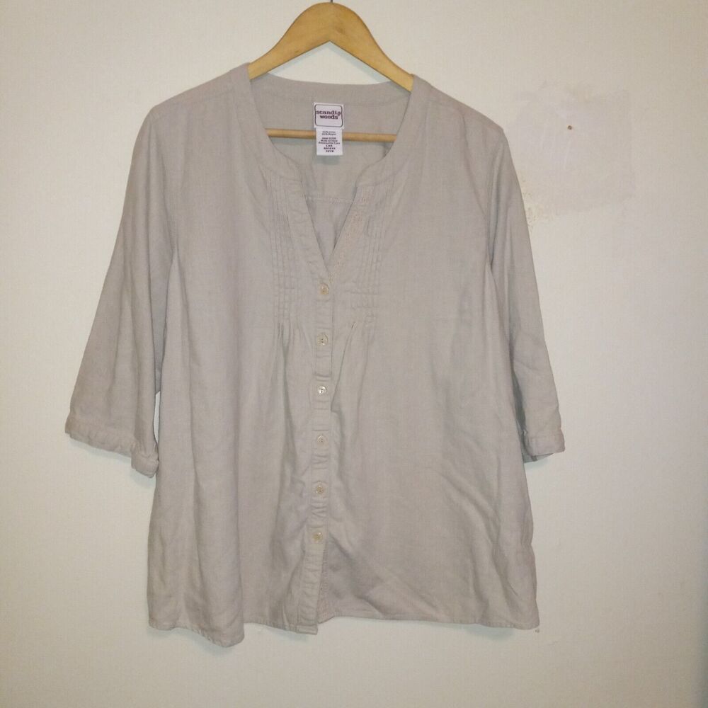 Scandia Woods Linen Blend Button Front Blouse-Large-Pin Tuck Yoke-3/4 Sleeve